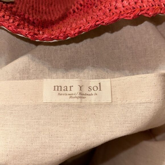 Mar Y Sol Coral Portland Crocheted Raffia Carryall Tote Genuine Leather Handle - Picture 9 of 10